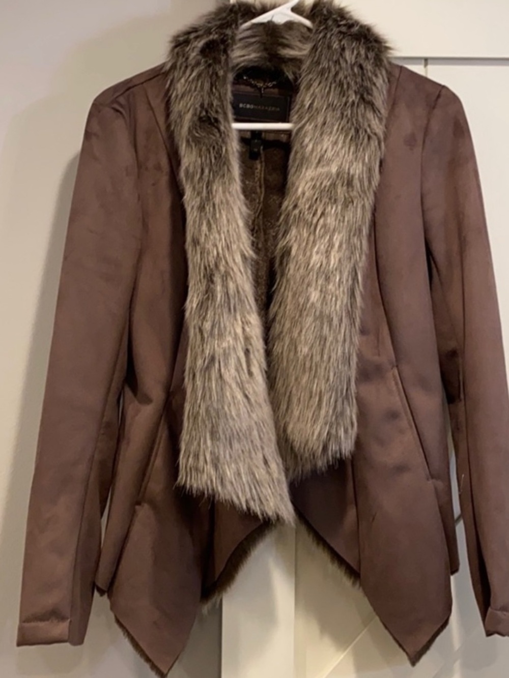 BCBGMaxAzria Taupe Draped Blazer with Faux Fur Shawl Collar